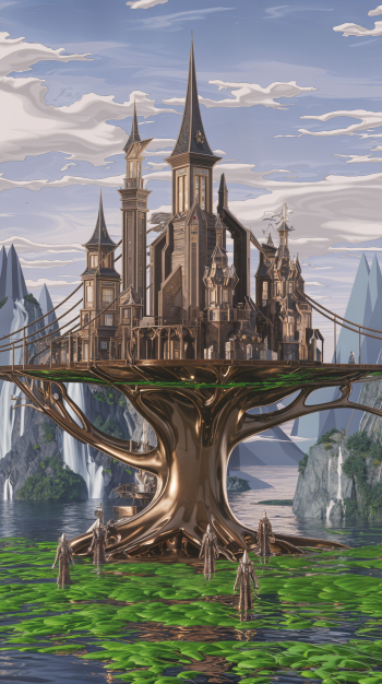 An enchanting elven city built on a majestic tree, surrounded by water and mountains, creates a stunning and immersive phone wallpaper.
