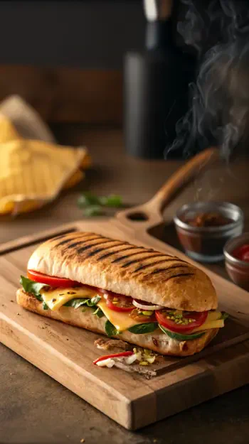 A deliciously grilled panini stacked with fresh tomatoes, cheese, and greens, presented on a wooden board, with a warm, inviting atmosphere, perfect for a phone wallpaper.
