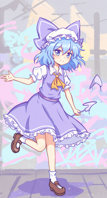 A colorful Touhou-themed phone wallpaper featuring a cheerful character with blue hair, wearing a purple dress and white hat, posed playfully against a vibrant graffiti background.