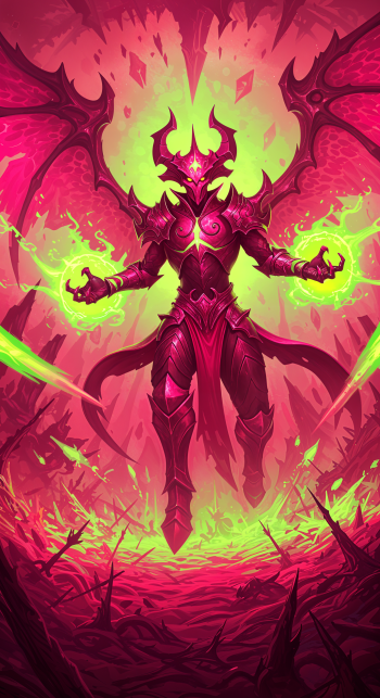 A striking phone wallpaper featuring a fierce armored figure with glowing green energy, set against a vibrant pink and red background, evoking a sense of power and intensity.
