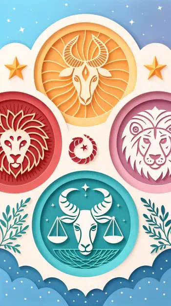 A vibrant phone wallpaper featuring zodiac signs: a ram, two lions, and scales, intricately designed with stars and floral elements against a dreamy backdrop.