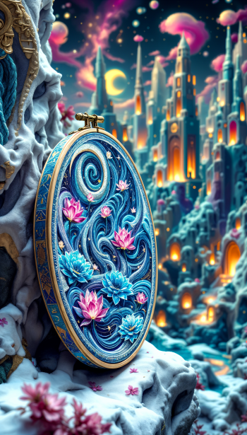 Phone wallpaper featuring vibrant embroidery of swirling blue and pink lotus flowers against a glowing enchanting cityscape, designed for iPhones and Android phones.