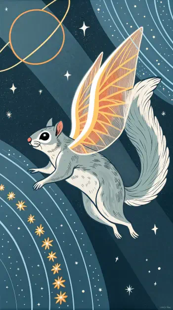 A whimsical flying squirrel with elaborate wings soars through a starry sky, surrounded by planets and swirling patterns, creating a captivating phone wallpaper design.