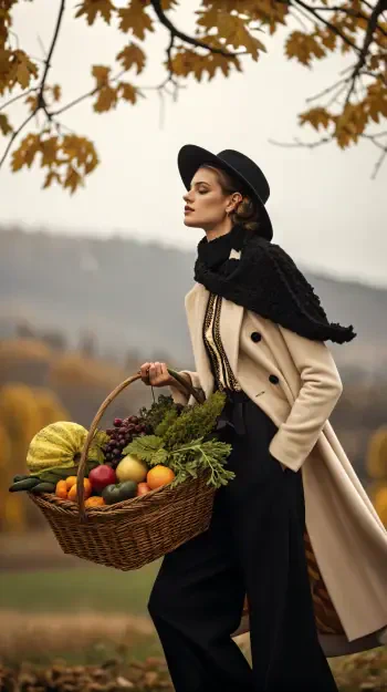 A stylish woman in a cream coat and black hat carries a woven basket filled with colorful fruits and vegetables, framed by autumn leaves, showcasing a harvest theme.