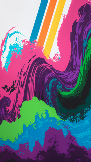 Vibrant acidwave design featuring swirling colors in shades of pink, green, blue, and purple with bold, colorful stripes, creating an eye-catching phone wallpaper.
