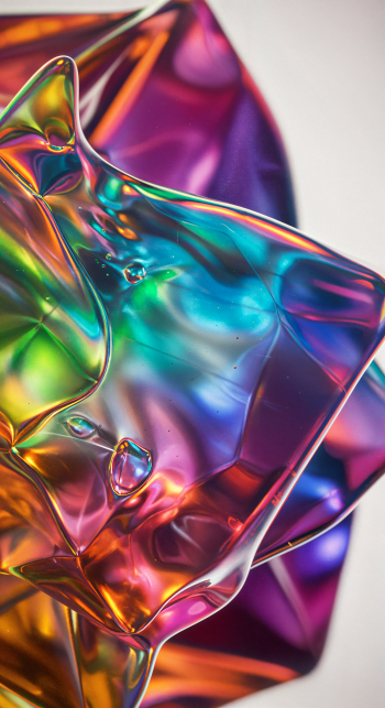 A vibrant, translucent abstract composition featuring crumpled, colorful layers that blend hues of purple, blue, and gold, ideal as an eye-catching phone wallpaper.