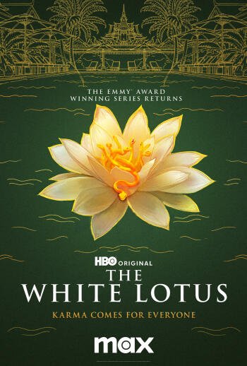 A phone wallpaper featuring The White Lotus, showcasing a vibrant lotus flower against a green backdrop, accompanied by the tagline, Karma comes for everyone.