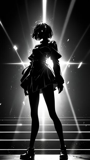 High-contrast Art Abyss anime girl silhouette backlit by a radiant cross of light, shards and steps behind — vertical phone wallpaper for iPhone and Android.