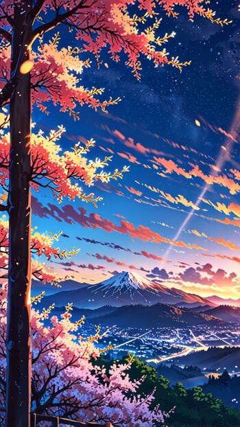 Anime artistic illustrated city mountain Phone Wallpaper