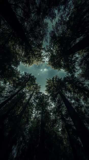 A serene phone wallpaper showcasing a forest at night, captured from below the trees, with a clear sky and stars visible through the canopy.