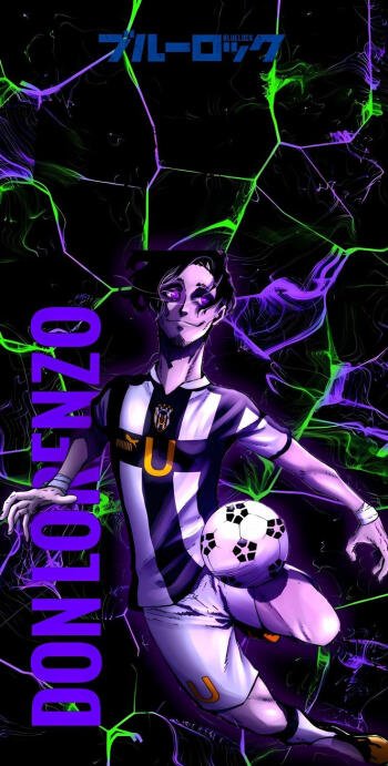 Anime-inspired phone wallpaper featuring Dan Lorenzo from Blue Lock, showcasing vibrant colors and dynamic sports action with a soccer ball.