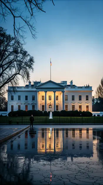 The White House illuminated at dusk, reflecting in a nearby puddle, framed by bare trees and a serene atmosphere, serves as an engaging phone wallpaper.
