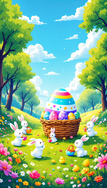 A cheerful phone wallpaper featuring playful rabbits around a brightly decorated Easter egg in a vibrant spring landscape with flowers and trees.