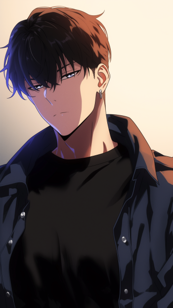 A striking phone wallpaper featuring Sung Jin-Woo from Anime Solo Leveling, showcasing his intense expression and stylish attire against a soft light background.