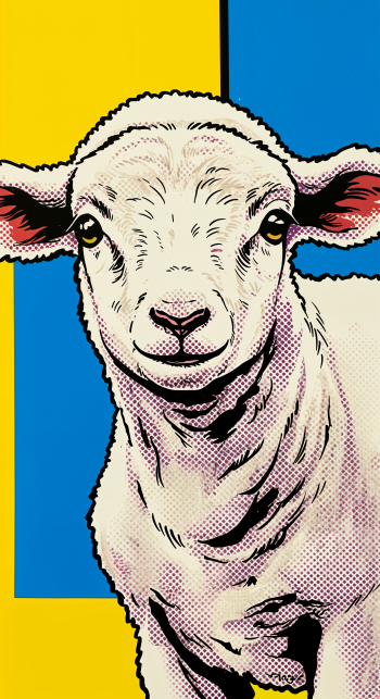 A playful lamb with large expressive eyes stands against a vibrant yellow and blue backdrop, creating an engaging design for a phone wallpaper.