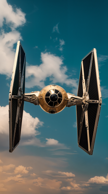 A detailed TIE Fighter glides through a blue sky dotted with clouds, making an impressive phone wallpaper that captures the essence of sci-fi adventure.
