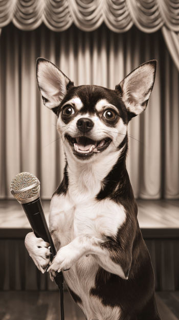 A cheerful chihuahua holds a microphone on stage, ready to perform, set against a dramatic curtain backdrop. This image makes a fun phone wallpaper.