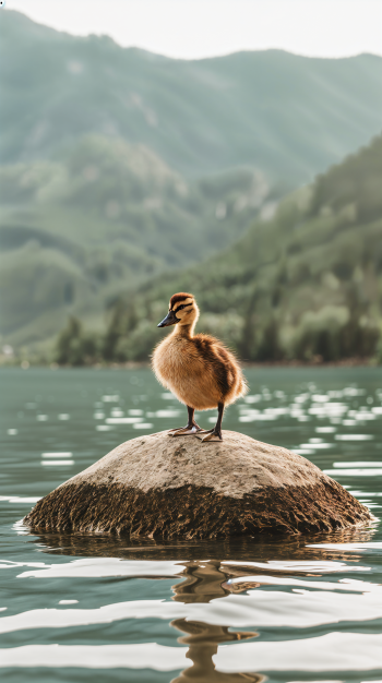A charming duckling stands on a smooth rock in a serene body of water, surrounded by lush hills, making a delightful phone wallpaper.