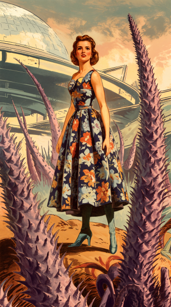A woman in a floral dress stands confidently among vibrant, alien-like plants, with a futuristic structure in the background, creating a unique phone wallpaper.