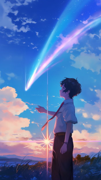 A stunning phone wallpaper featuring Taki Tachibana from Your Name. gazing at a vibrant comet streaking across a colorful sky, capturing a moment of wonder and hope.