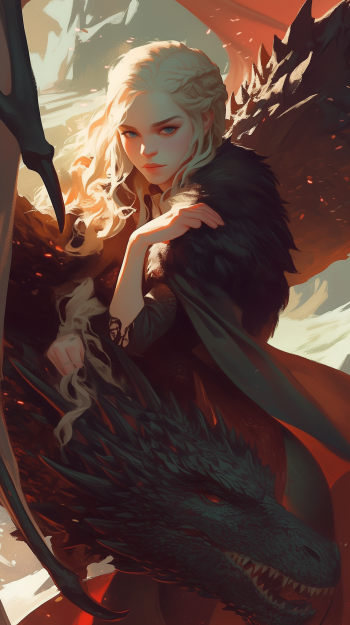 A stunning phone wallpaper featuring Daenerys Targaryen from Game of Thrones, showcasing her fierce spirit alongside a majestic dragon. Rich colors and dynamic composition enhance the powerful imagery.