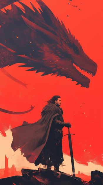 Jon Snow stands confidently with a sword, silhouetted against a vibrant red background, as a dragon looms above him. A striking wallpaper inspired by Game of Thrones.