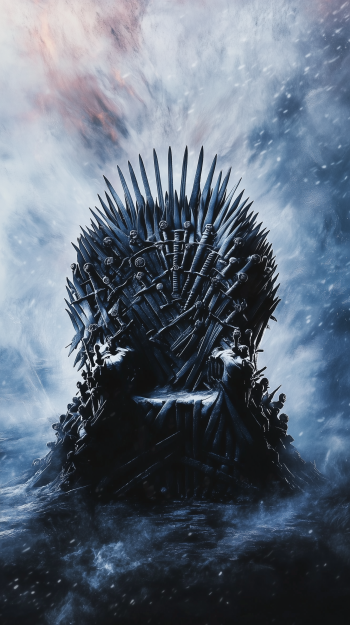 A dramatic depiction of the Iron Throne from the TV show Game of Thrones, set against a moody, swirling backdrop, creating a striking phone wallpaper.