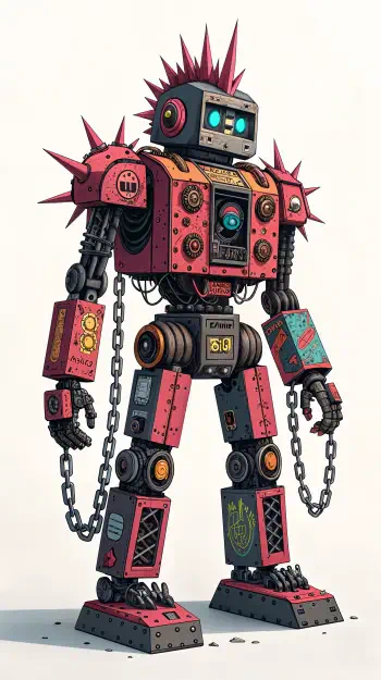 A vibrant, spiky mecha robot stands confidently, adorned with colorful details and chains, making an eye-catching phone wallpaper for mecha enthusiasts.