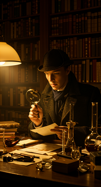 A mysterious figure resembling Sherlock Holmes examines a letter with a magnifying glass in a dimly lit library filled with books and scientific equipment, ideal for a phone wallpaper.