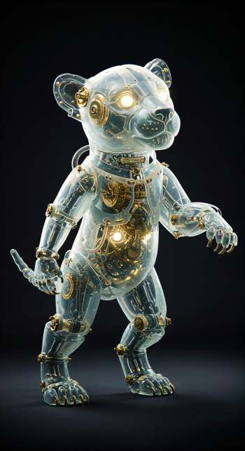 A futuristic, transparent robotic cub with glowing eyes stands against a dark background, showcasing intricate mechanical details, making it an eye-catching phone wallpaper.