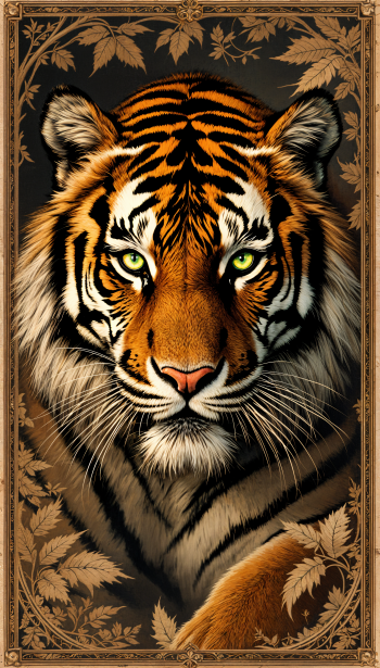 A striking Bengal tiger portrait, featuring intense green eyes and bold stripes, surrounded by decorative leaves, designed as an eye-catching phone wallpaper.