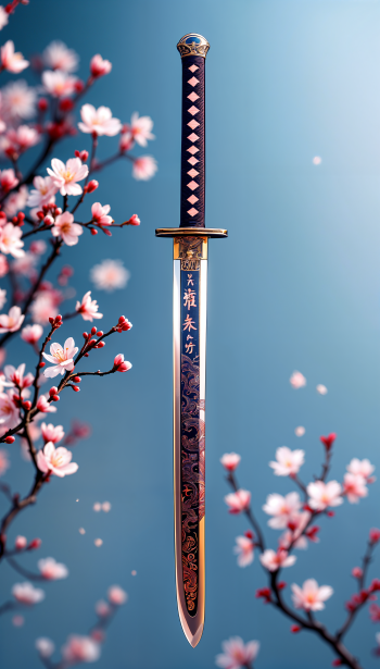 A beautifully crafted ninja sword stands out against a soft blue background, surrounded by delicate pink cherry blossoms, making a striking phone wallpaper design.
