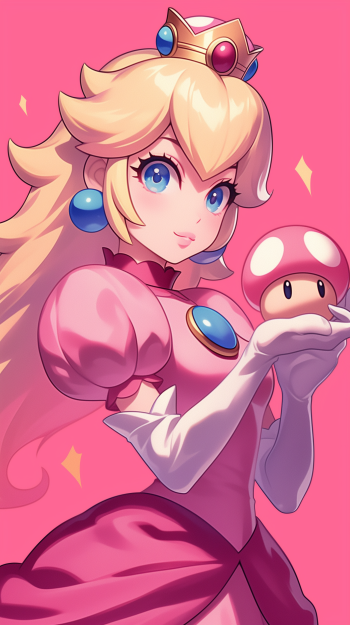 A bright phone wallpaper featuring Princess Peach from the Mario video game series, gracefully holding a mushroom, with a cheerful pink background enhancing her vibrant character.