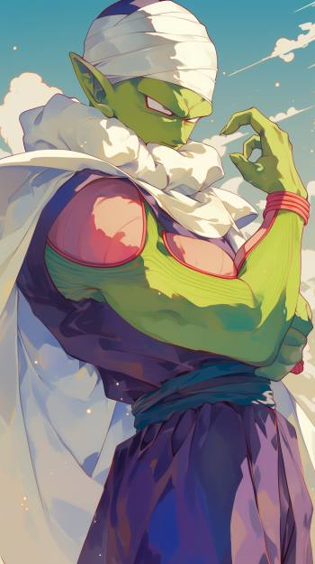 A vibrant anime wallpaper featuring Piccolo from Dragon Ball Z, showcasing his distinct green skin and iconic outfit against a bright, cloud-filled sky.