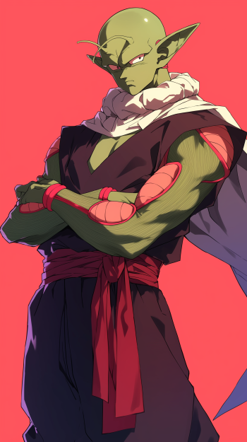A striking phone wallpaper featuring Piccolo from Dragon Ball Z, showcasing his green skin, confident stance, and iconic outfit against a vibrant red background.