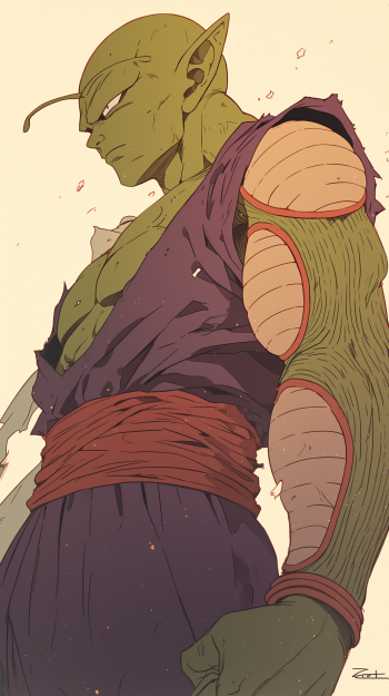 A dynamic illustration of Piccolo from Dragon Ball, showcasing his muscular build and distinctive features, designed as a vibrant phone wallpaper.