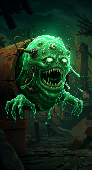 A surreal green creature with glowing eyes and multiple limbs emerges from a rusty pipe in a dystopian setting, capturing a sense of anxiety—perfect for an engaging phone wallpaper.