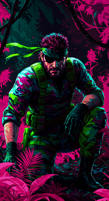 A vibrant phone wallpaper featuring Solid Snake in tactical gear, crouched among lush, pink foliage, showcasing a striking blend of action and color.