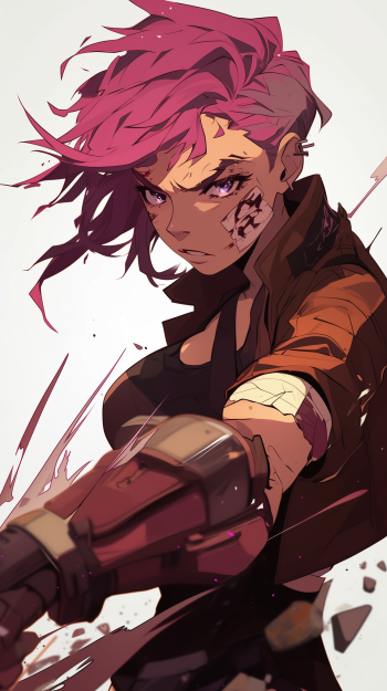 A dynamic phone wallpaper featuring VI from Arcane, showcasing her fierce expression and signature style, complete with her mechanical arm and striking pink hair.