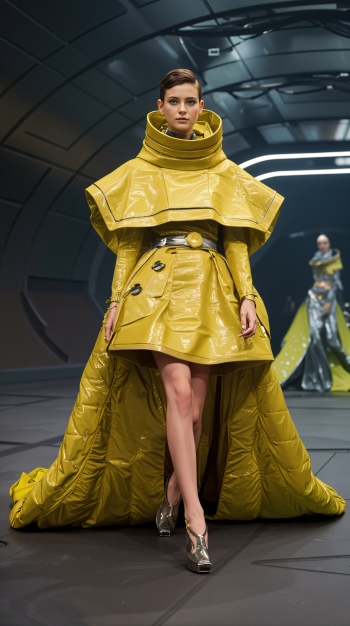 A model walks down the runway in a striking yellow dress, featuring a bold silhouette and unique textures, set against a futuristic background, perfect for a phone wallpaper.