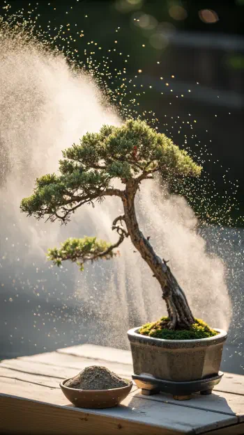 A beautifully sculpted bonsai tree stands in a pot, surrounded by mist and soft light, creating a serene atmosphere, ideal for a phone wallpaper.