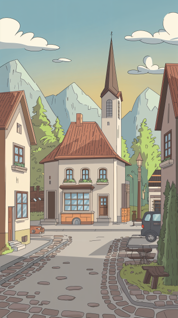 A charming town street scene featuring quaint houses, a church steeple, and mountains in the background, designed as a lively phone wallpaper.