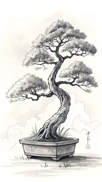 A beautifully illustrated bonsai tree in a decorative pot, set against a subtle background, perfect as a serene phone wallpaper.