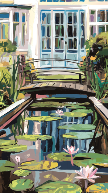 A serene garden pond features lily pads and blossoms, framed by a wooden bridge and charming blue doors, creating a tranquil atmosphere, perfect as a phone wallpaper.