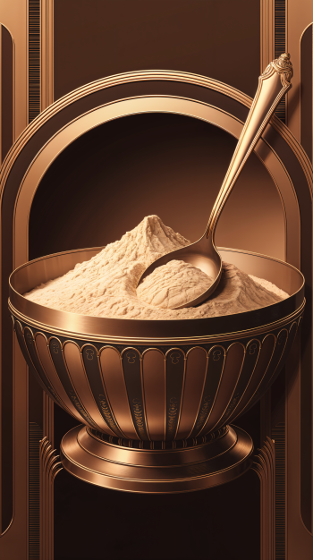 A luxurious bowl of flour sits elegantly in a stylized design, complemented by a sleek spoon, creating a warm, inviting phone wallpaper.