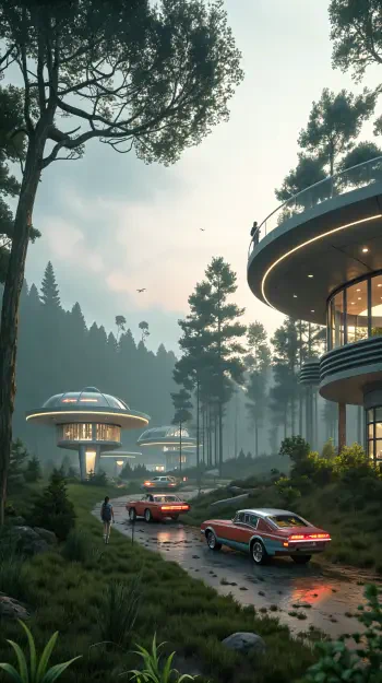 A serene landscape featuring retro-futuristic buildings and classic cars, surrounded by towering trees and mist, creates a captivating phone wallpaper infused with a nostalgic feel.