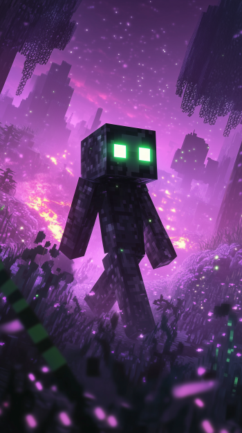 A vibrant phone wallpaper featuring an Enderman from Minecraft, walking through a mystical purple landscape, illuminated by glowing eyes amidst a starry background.