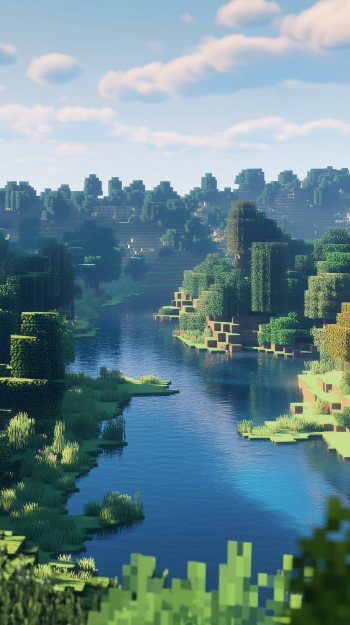 A serene Minecraft landscape featuring lush greenery and a tranquil river, designed as a captivating phone wallpaper for gaming enthusiasts.