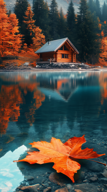 A serene fall landscape featuring a vibrant orange leaf on clear water, with a cozy cabin surrounded by colorful forest reflections. Ideal for a calming phone wallpaper.