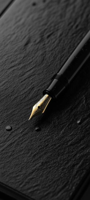 A close-up of a black pen with a gold nib resting on textured black paper, accentuated by droplets of water, designed as an elegant phone wallpaper.